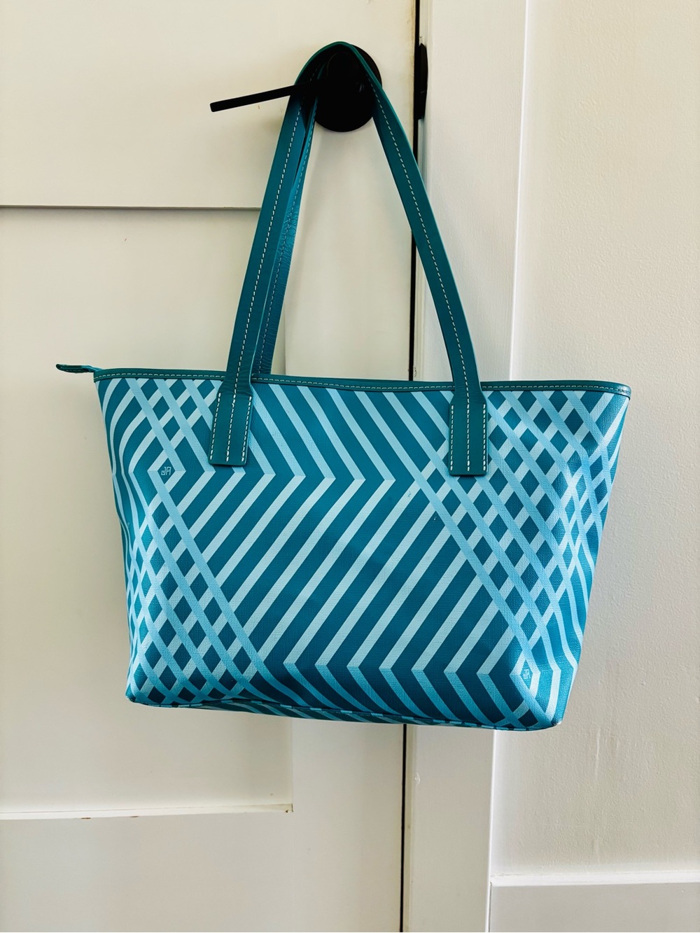 Jonathan Adler Teal Geometric Print Zip Top Tote Shoulder Bag